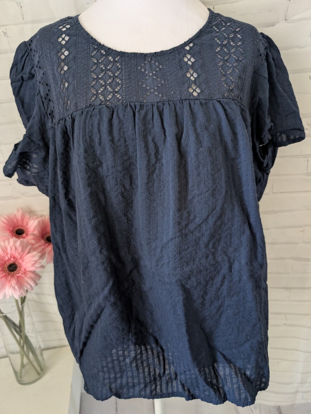 Women's Navy Crochet Yoke Short Sleeve Blouse